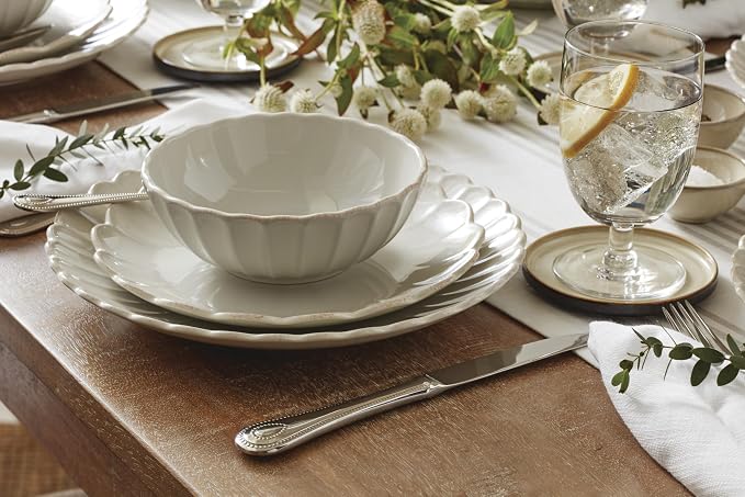 Lenox Dinnerware Sets, French Perle Scallop White 24-Piece Dinnerware Set, Service For 8, Stoneware Material, Dishwasher Safe, Microwave Safe, Bowls, Plates And Bowls, Dinner Dishes (White, 24 Piece)
