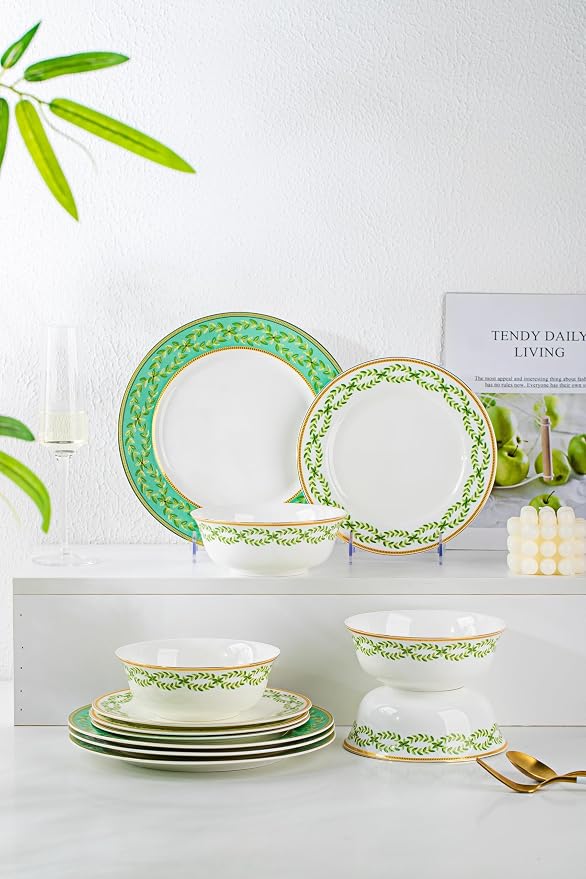 FHGNYSM High Bone China Dinnerware Set, 12-Piece Artistic Green Plates and Bowls, Lightweight & Chip Resistant Ceramic Service for 4, Dishwasher Safe Elegant Kitchen Dining