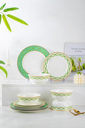 FHGNYSM High Bone China Dinnerware Set, 12-Piece Artistic Green Plates and Bowls, Lightweight & Chip Resistant Ceramic Service for 4, Dishwasher Safe Elegant Kitchen Dining