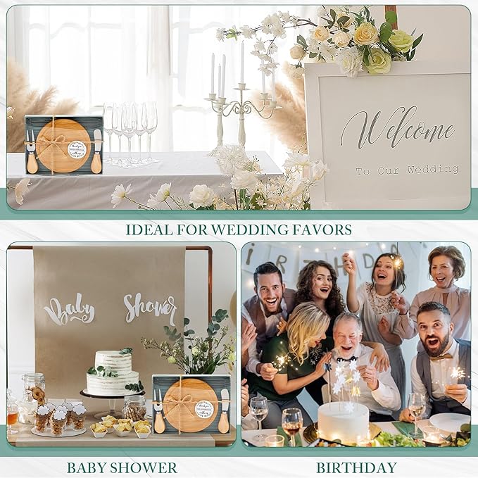 Maxcheck 6 Sets Baby Shower Bridal Game Prizes for Winners Round Cheese Board Set Wood Mini Charcuterie Board with Knives and Forks Thank You Card with Gift Box for Guests Wedding (Bamboo)