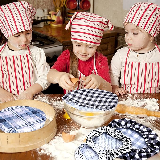 Patelai 10 Pcs Bowl Covers Reusable in 5 Size Stretch Cloth Fabric Elastic Food Storage Bowl Covers Bread Sourdough Lids for Proofing Food Fruits Leftover(Black, White, Blue,Plaid Style)