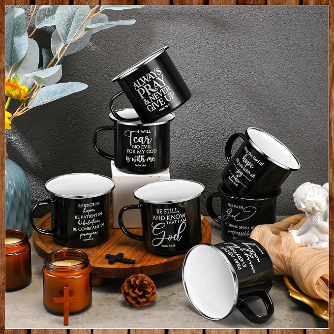 Mifoci Christian Enamel Mugs Gifts Inspirational Coffee Mugs with Handle Bible Verse Religious Camping Cups Church Party Favors for Church Clergy Pastor Men(Black,12 Pcs)