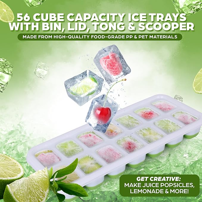 Ice Cube Tray Set – 4 Silicone Trays with Lids, Ice Bucket, Scooper & Tongs – Reusable BPA-Free Ice Maker for Freezer, Cocktails, Whiskey, Coffee, Baby Food & Kitchen Storage