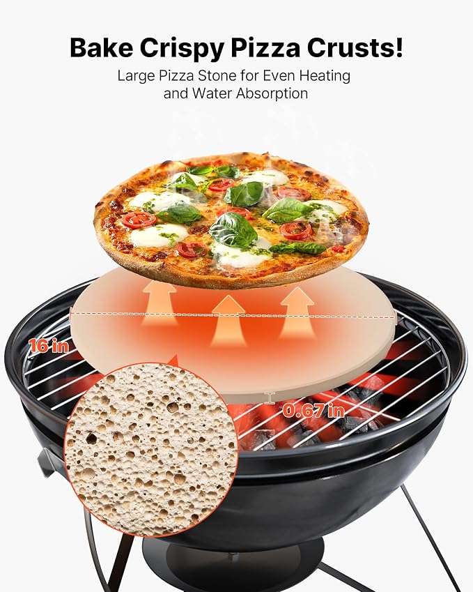 VEVOR Pizza Stone, 16 in Round Pizza Stone, 0.67" Thick Extra Large Baking-Stone with Rack Stand, 1450℉ Heat-Resistant Cooking Stones, for Kitchen Oven, Baking Pizzas, BBQ Grill