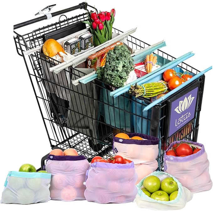 Lotus Trolley Bag Reusable Grocery Cart Bags (Earth Tones) Set of 4 and Reusable Netted Produce Mesh Bags Set of 9