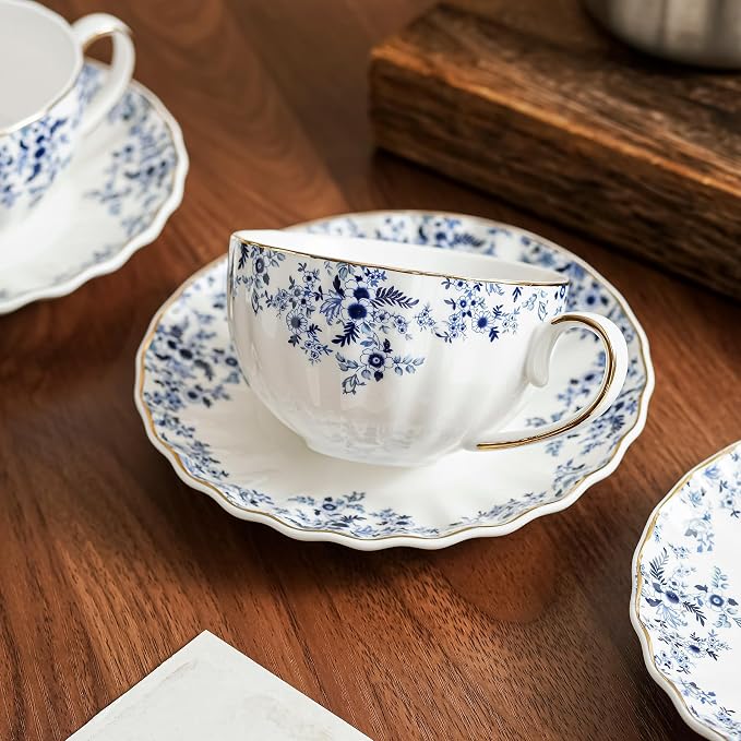 Agyiuns ceramic tea cups and saucers 6oz,floral tea cups for Coffee, Latte, Cafe Mocha and Tea (Little Blue Flowers)