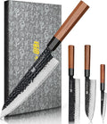 FINDKING 4PCS Kitchen Knife Set, Japanese Chef Knife Set with 9Cr18MoV High Carbon Steel Hammered Blades, Rosewood Octagonal Handles, for Meat, Fruits and Vegetables, Dynasty Series