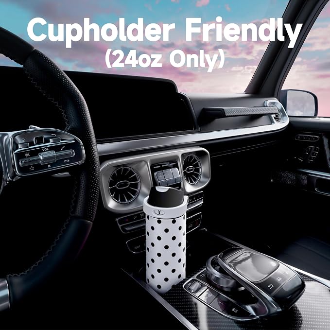 24 oz Insulated Water Bottle with Straw: Meoky Stainless Steel Metal Water Bottle with 2-in-1 Lid - Leak Proof, Cold for 24 Hours, Fits in Car Cup Holder, BPA-Free for Sports Travel Car, Polka Dot
