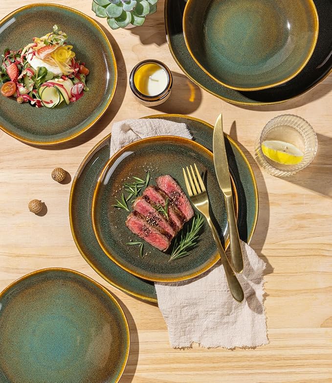 GBHOME Stoneware Dinnerware Sets for 4, 12 Pieces Rustic Earthenware Plates and Bowls Set, Handmade Reactive Glaze Ceramic Plate Sets, Chip Resistant Dishes, Microwave & Dishwasher Safe, Green Brown