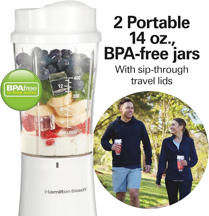 Hamilton Beach Portable Blender for Shakes and Smoothies, 14 Oz BPA Free Travel Cup & Lid, Durable Stainless Steel Blades, Personal Smoothie Blender, 2 Jars - White (51102V)