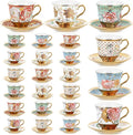 Teenyyou Set of 24 Tea Cups and Saucers Tea Party Decorations Floral Porcelain 5.4 oz British Gift for Women Birthday Party, Church, and Mother's Day (Stylish Style)