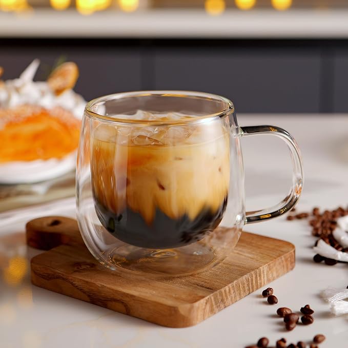 CNGLASS 12oz Double Walled Glass Coffee Mugs(4-pack),Large Clear Coffee Cups with Handle,Glass Espresso Mugs for Latte,Cappuccino,Tea