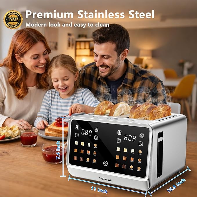 SAKAMOSH 4 Slice Touch Screen Toaster with Dual Control Panel, Wide Slots Smart Digital Toaster with 6 Browning Levels & Bread Type, Single Slice Toasting/Reheat/Defrost/Cancel, 1800W, Stainless Steel