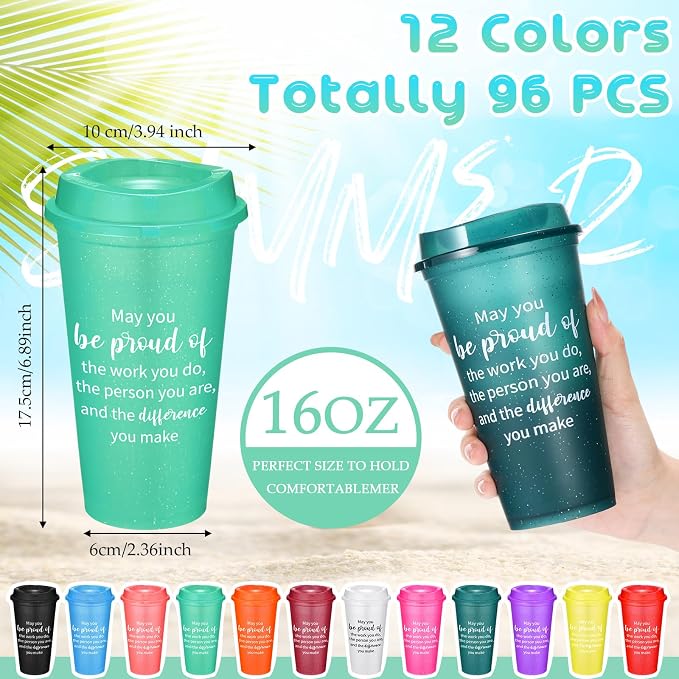Skylety 96 Pcs Appreciation Tumblers Gifts Bulk 16 oz Thank You Teacher Employee Plastic Coffee Cups with Lids Colorful Reusable Inspirational Tumblers for Coworker Staff Christmas
