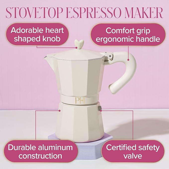 Paris Hilton Stovetop Espresso and Coffee Maker, Italian & Cuban Style Coffee Pot with Iconic Heart Knob, Perfect for Rich Aromatic Espresso, Makes up to 6 Espresso Cups, Cream