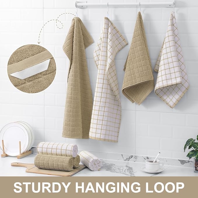 Homaxy Premium Cotton Kitchen Towels 16"x 28", Large Natural Ring Spun 390 GSM Dish Towels, Super Absorbent Terry Kitchen Hand Towels, Soft Tea Towels with Hanging Loop, Pure Tan Check Design, 4 Pack