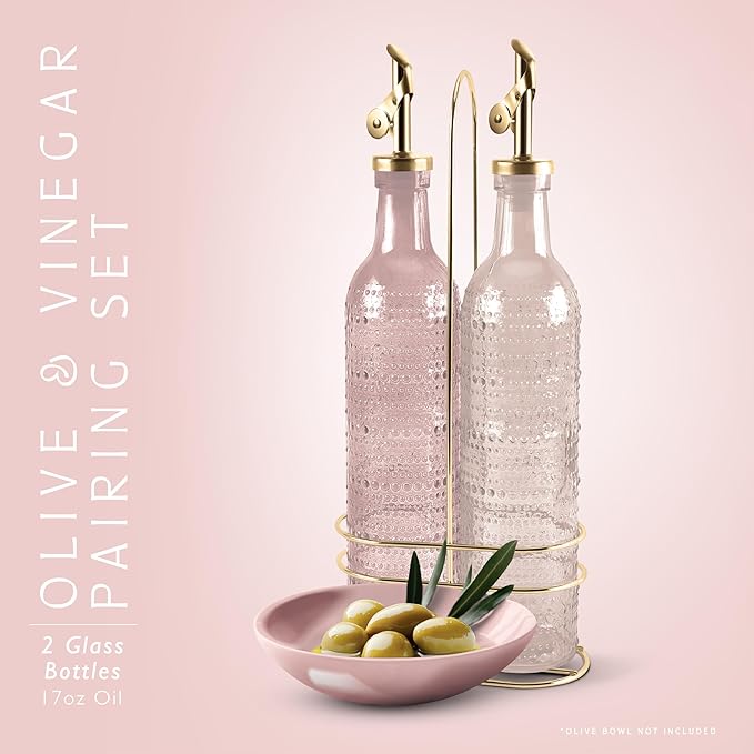 COOK WITH COLOR Glass Olive Oil Bottle Dispenser - 2 Pack- 17oz Oil and Vinegar Cruet - Olive Oil Carafe Decanter for Kitchen, Champagne Bubbles, Pink