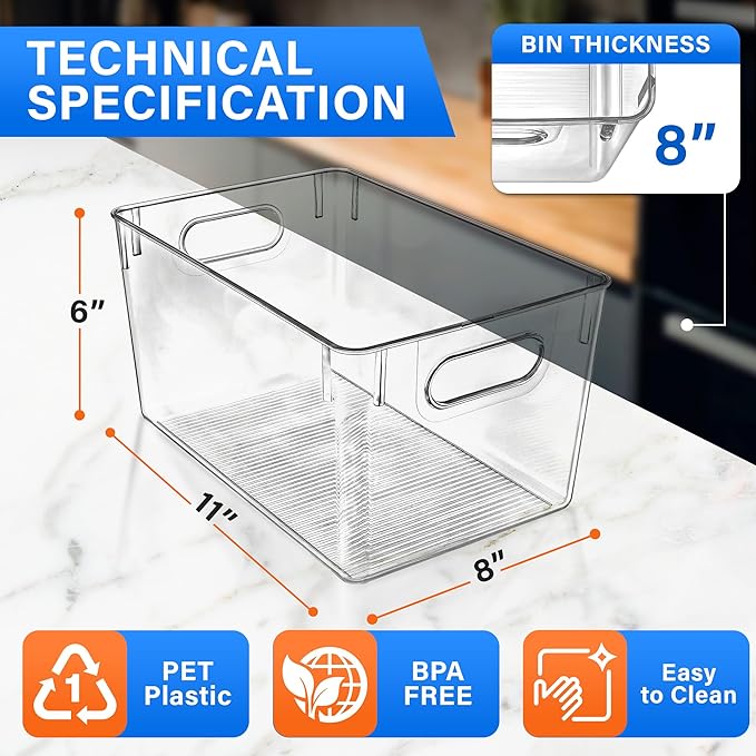 Lifemaster Stackable Refrigerator Bins - Set of 14 Large Capacity Organizers with Easy Grip Handles - Clear and Versatile for Kitchen Storage