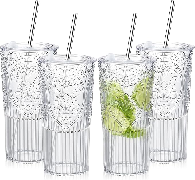 4 Set 20oz Vintage Plastic Tumbler with Lids and Straws Ribbed Floral Drinking Glasses Reusable Iced Coffee Cups for Water Juice Smoothie Cocktail Travel Party Events Gift (Clear)