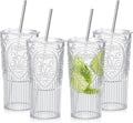 4 Set 20oz Vintage Plastic Tumbler with Lids and Straws Ribbed Floral Drinking Glasses Reusable Iced Coffee Cups for Water Juice Smoothie Cocktail Travel Party Events Gift (Clear)