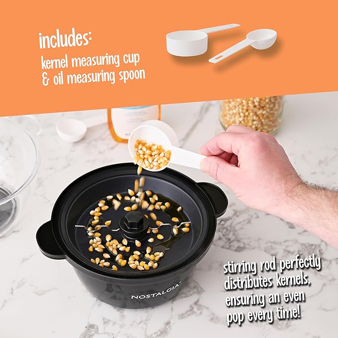 Nostalgia Non Stick Stirring Popcorn Maker for 8 Cups of Theatre Style Popcorn with Hot Oil - Dual-Use Lid & Serving Bowl - Quick Heat Technology & Cool Touch Handles - Ez Store - Black