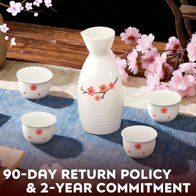 DUJUST 5 pcs Japanese Sake Set, Traditional Sakura Design Sake Serving Set, 1 Sake Bottle with 4 Sake Cups, Japanese Style Sake Set for Home/Party, Ideal Japanese Gifts for Sake Lovers - White