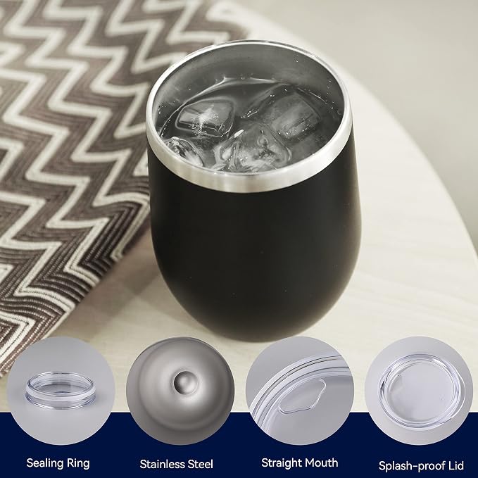DOMICARE Stainless Steel Wine Tumbler Bulk with Lid, Personalized Insulated Tumblers Set, 12oz Travel Coffee Cups Pack of 16, Black
