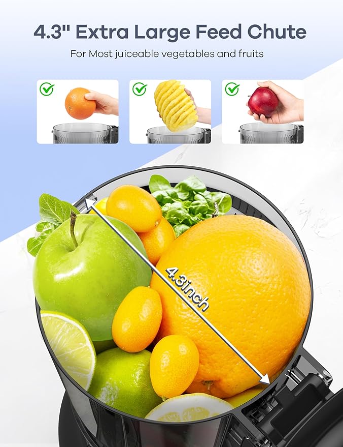 Ganiza Juicer Machines, Cold Press Juicer with Large Feed Chute for Whole Fruits & Vegetables, Slow Masticating juicers with 3 Replace Filters for Batch Juicing, Easy to Clean, BPA Free (Black)