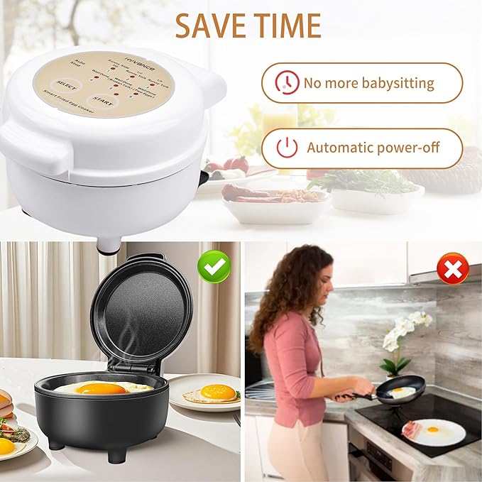 Hyvance Smart Fried Egg Cooker, Automatic Fried Egg Maker for 6 Features like Sunny Side Up, Over Easy, Fully Cooked & More. Auto Power Off, Alarm, Round Shape, Non Stick Coating (White)