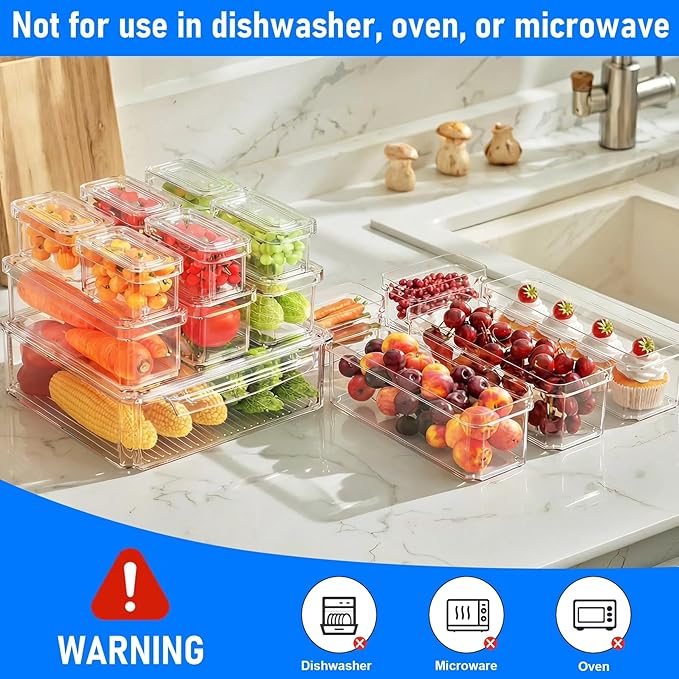 10 Pack Fridge Organizers and Storage, Clear Plastic Storage Bins with Lids , Stackable Food Containers with Drain Boards, Produce Saver for Vegetables, Fruits, Meat, Kitchen Organization and Storage