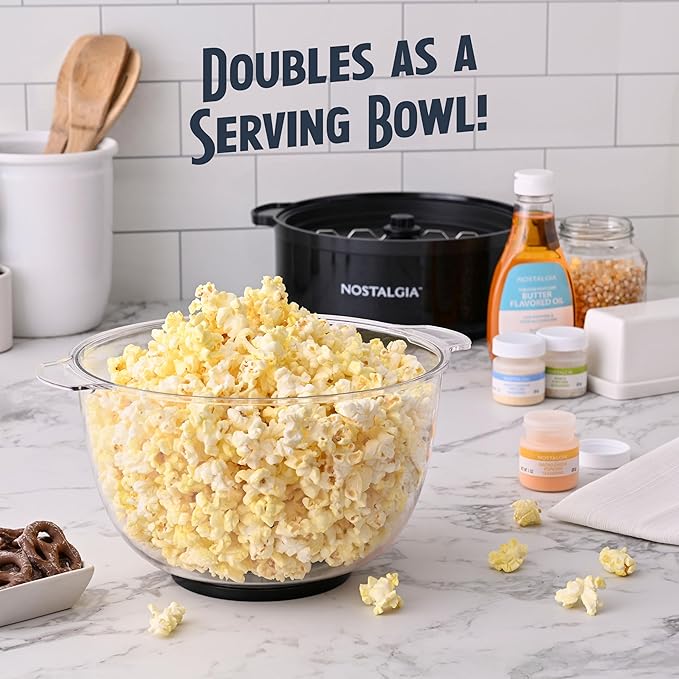 Nostalgia Non Stick Stirring Popcorn Maker for 24 Cups of Theatre Style Popcorn with Hot Oil - Dual-Use Lid & Serving Bowl - Quick Heat Technology & Cool Touch Handles - Ez Store - Black