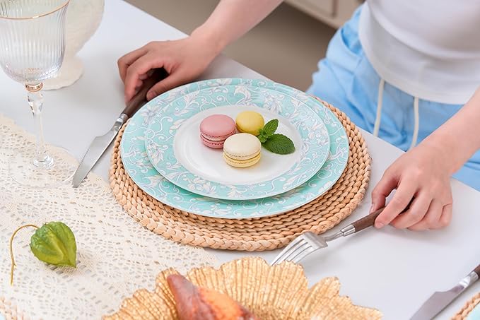 FHGNYSM 12-Piece Ceramic Dinnerware Set, Light Green | Plates and Bowls, Chip and Scratch Resistant, Microwave Safe, Dishwasher Safe, Home Restaurant Use
