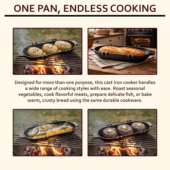 Cast Iron Potato Baker with Lid for Grill, Oven & Campfire | Pre-seasoned raw cast iron, Multi-use sourdough & bread pan, Lid acts as standalone pan, Hanging handles for campfire tripod