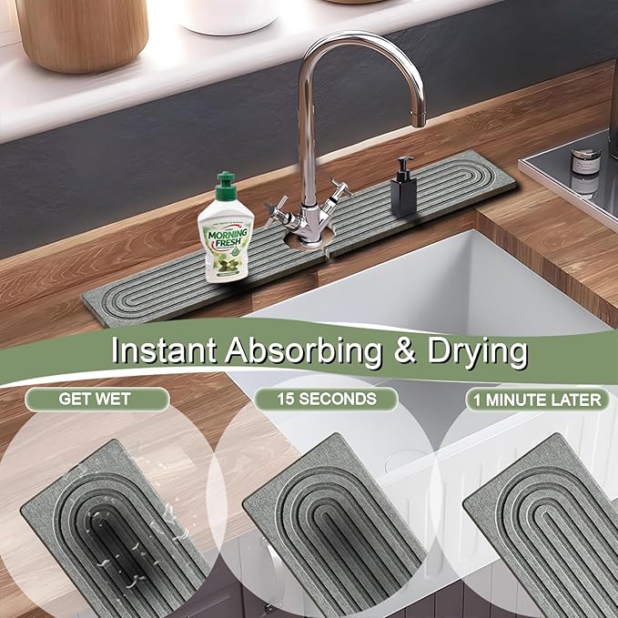 Faucet Mat for Kitchen Sink,15.7" Diatomite Stone Drying Mat,Quick Drying Splash Guard,Super Absorbent.Kitchen ,Bathroom Sink Splash Guard, Durable Countertop Protection(White)