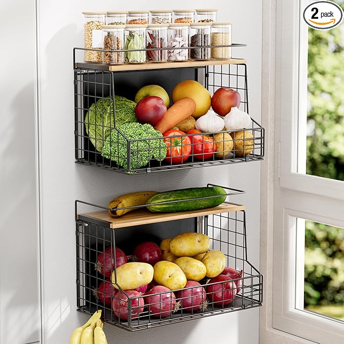 TIDIIABODE Magnetic Shelf for Fridge 2 Pack, Large Container Magnetic Spice Rack for Refrigerator, Fruit Potato and Onion Storage Bins, Magnetic Basket with Wood Lid, Kitchen Counter, Cabinet