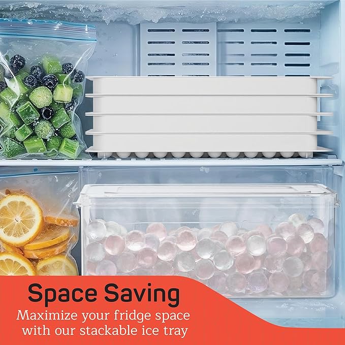 Emporio Kitchen Round Ice Cube Tray Set Pack of 2, BPA-Free Stackable Trays with Lid & Tongs, 104 Ice Balls Per Tray for Whiskey, Drinks, and Cocktails, Quick Release Round Ice Cube Mold, White