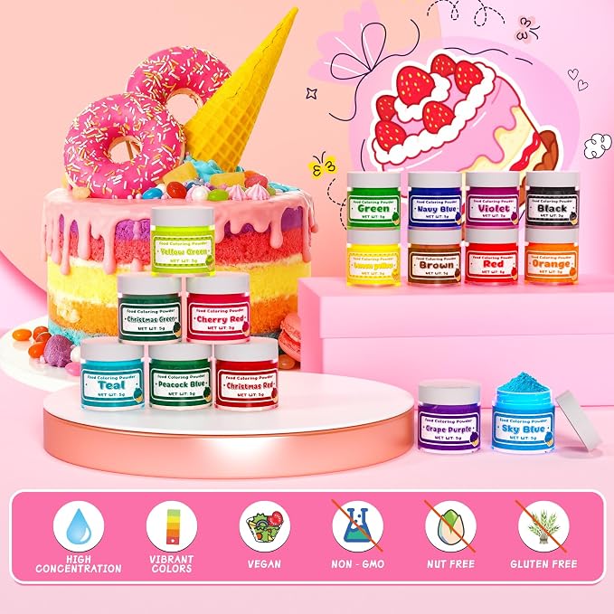 Food Coloring Powder - 16 Colors Vibrant Powdered Food Coloring, Concentrated Edible Dye Powder for Baking, Icing, Cooking, Cake Decorating, Cookies, Frosting - 5g/Bottle