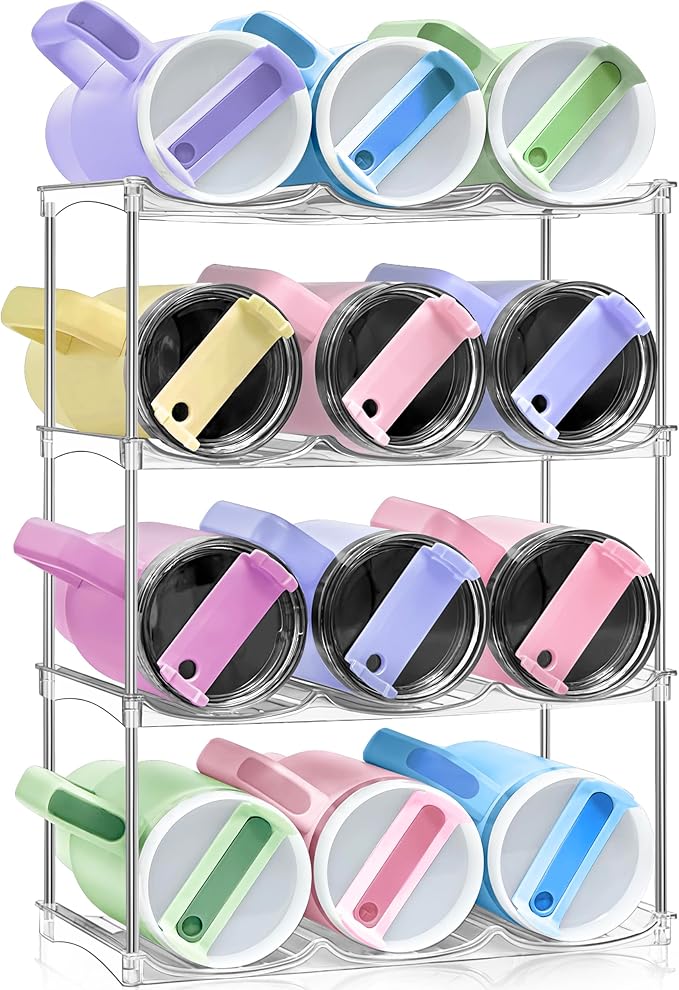 Stackable Water Bottle Organizer - Large Compartment Stanley Cup Holder, Water Bottle Holder for Stanley Tumbler 40oz, Tumbler Organizer Kitchen Pantry Organization and Storage, 4 Tier Storage Rack