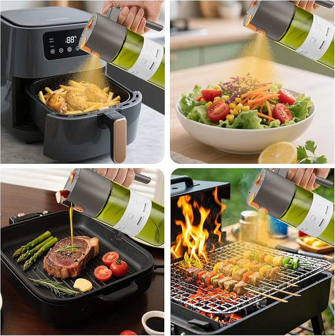 LAKUMIQI 2 in 1 Oil Sprayer for Cooking, 17oz Light-Blocking Glass Spray Bottle with Stickers, Oil Dispenser for Salad, Air Fryer & BBQ