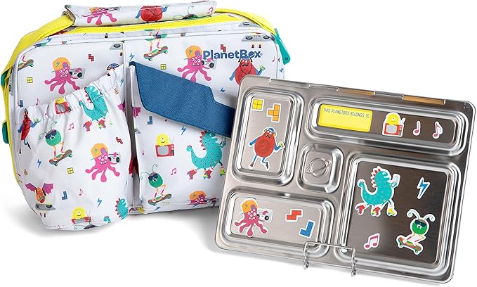 PlanetBox Rover Stainless Steel Bento Box Style Lunch Box Kit for Youth with 5 Compartments – Monster Beats Edition includes Insulated Lunch Bag, Leakproof Food Containers & Matching Magnets