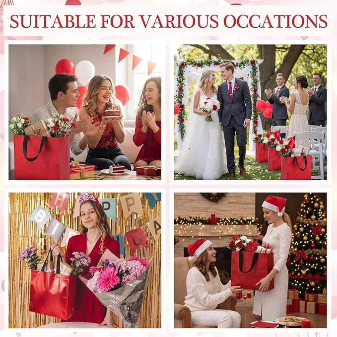 Eccliy Reusable Gift Bags Set Glossy Grocery Gift Tote Bag with Handle for Wedding, Bridal Shower, 4th of July, Summer Event(12 x 11 x 4.7 I Inch,Red,80 Pcs)