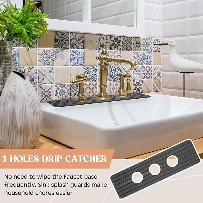 Teenyyou 3 Hole Gray Faucet Mat for Kitchen Sink Bathroom 15.94" x 4.92" Kitchen Faucet Absorbent Mat Diatomite Splash Guard Quick Drying Stone Drip Catcher Hole 2.36" Holes Spaced About 1.65"