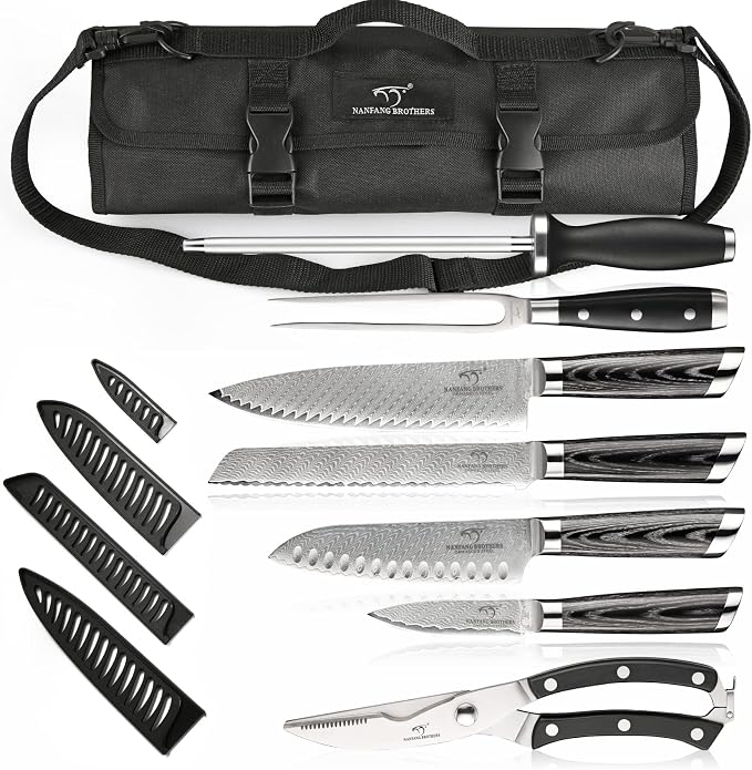 Chef Knife Set with Roll Bag, 8 Pieces Damascus Knife Set with VG10 Core Blades, 67-Layer Damascus Steel with Portable Oxford Cloth Storage Bag, Blade Guards, Camping Essentials