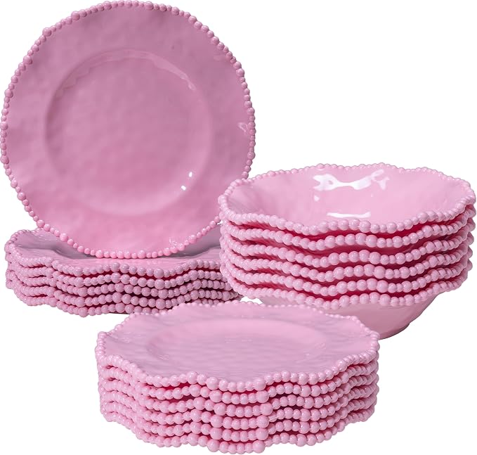 Pink Dishes Melamine Dinnerware Sets, 18 Piece Kitchen Plates and Bowls tableware Set, Lightweight, BPA free Beaded Serving Dishes for Girls, Valentine's Day, Mother's Day. Service for 6.