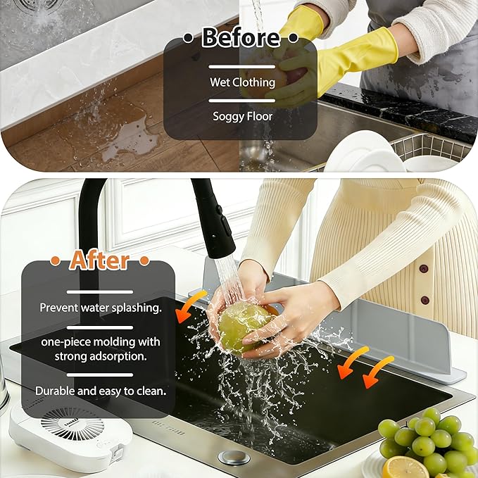 20Inch Silicone Sink Splash Guard with Strong Suction Cups, Flexible Kitchen Sink Splash Guard for Front/Back of Sink, Easy to Clean Splash Guard for Kitchen & Bathroom (Grey, 20.5''x2.8'')