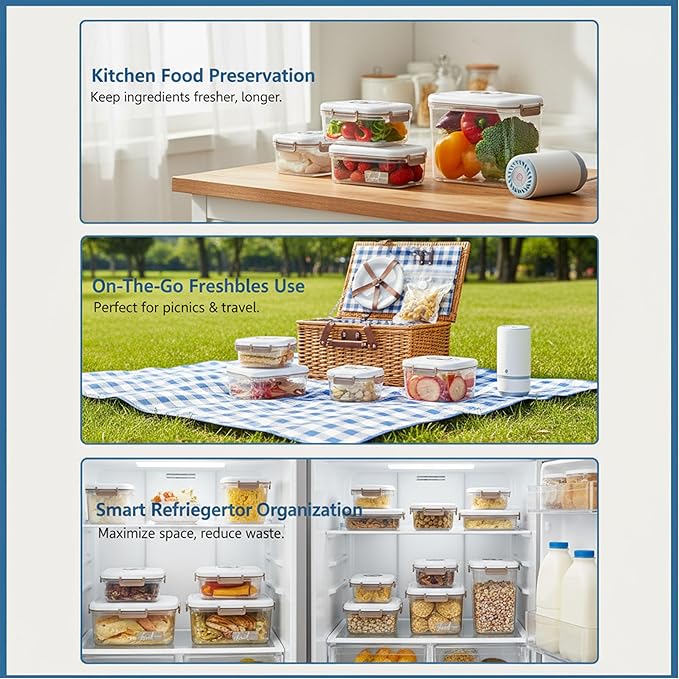 Vacuum Container,Vacuum Seal Containers,4pcs Airtight Food Storage Containers with Lids,4pcs Food Vacuum Bags/ 1pc Automatic Pump, Marinade and Keep Food Fresh with Time Dial, BPA Free(Square)