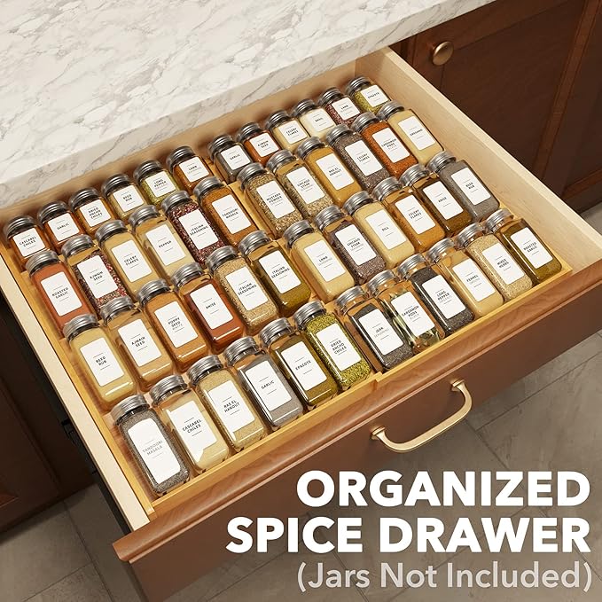 SpaceAid Bamboo Spice Drawer Organizer and Bamboo Silverware Drawer with Labels Kitchen Utensil Expandable Tray Holder Organizer for Flatware