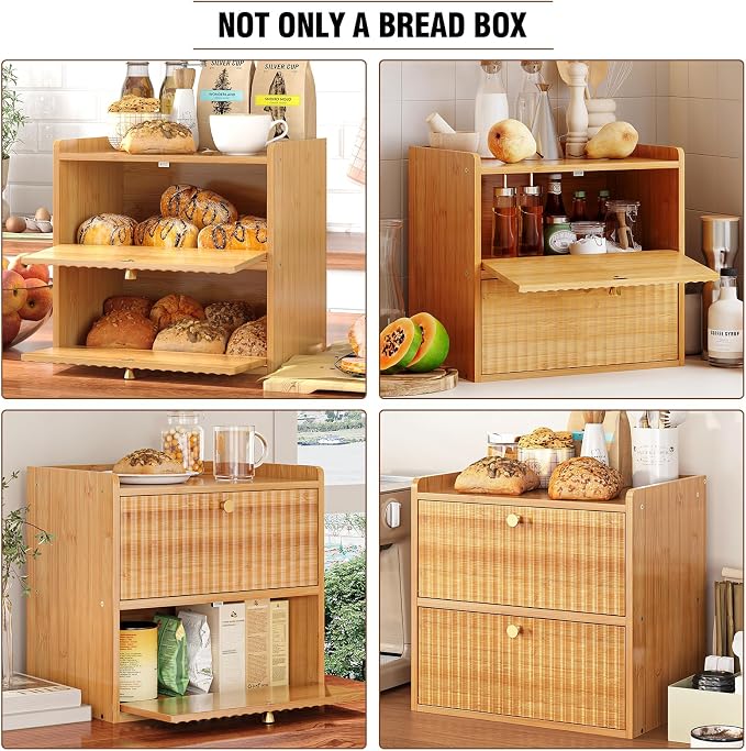 Trironsun Rustic Bread Box for Kitchen Countertop Bamboo Bread Storage Container Bin Double Layer BreadBox Farmhouse Large Capacity Food Organizer (Natural Bamboo)
