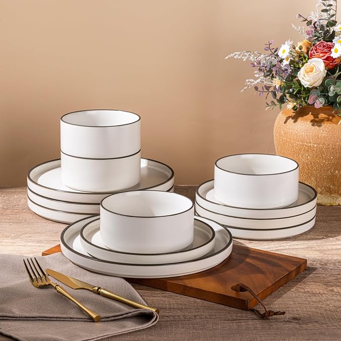 LERATIO Ceramic Dinnerware Sets for 6, High Edge Stoneware Plates and Bowls Set, Chip and Crack Resistant | Oven & Dishwasher & Microwave Safe Dishes Set, Service for 6 -Creamly White