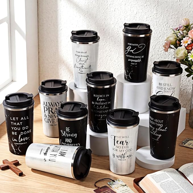Meanplan 10 Set Christian Fathers Day Church Gifts Bible Verse Tumbler Bulk 17oz Coffee Cup Religious Jesus Tumbler Inspirational Mug for Men Women Teacher (Black and White, Bible Theme)